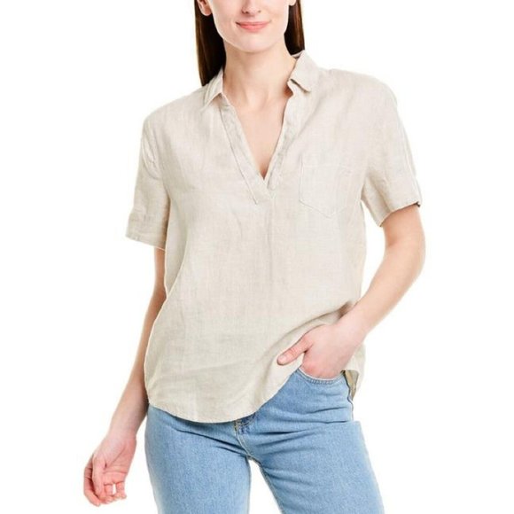 J. Crew Tops - J. Crew Women Beauchamps Linen Popover Blouse Size S Beige Oatmeal Short Sleeve